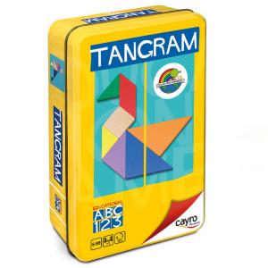 Tangram de madera colores FSC.  Caja de metal