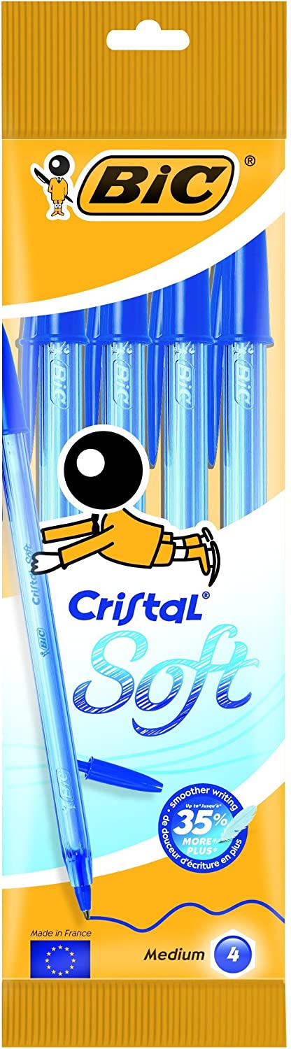 BIC Cristal Soft Bolígrafos Punta Media (1,2 mm) - Azul, Blíster de 10  Unidades